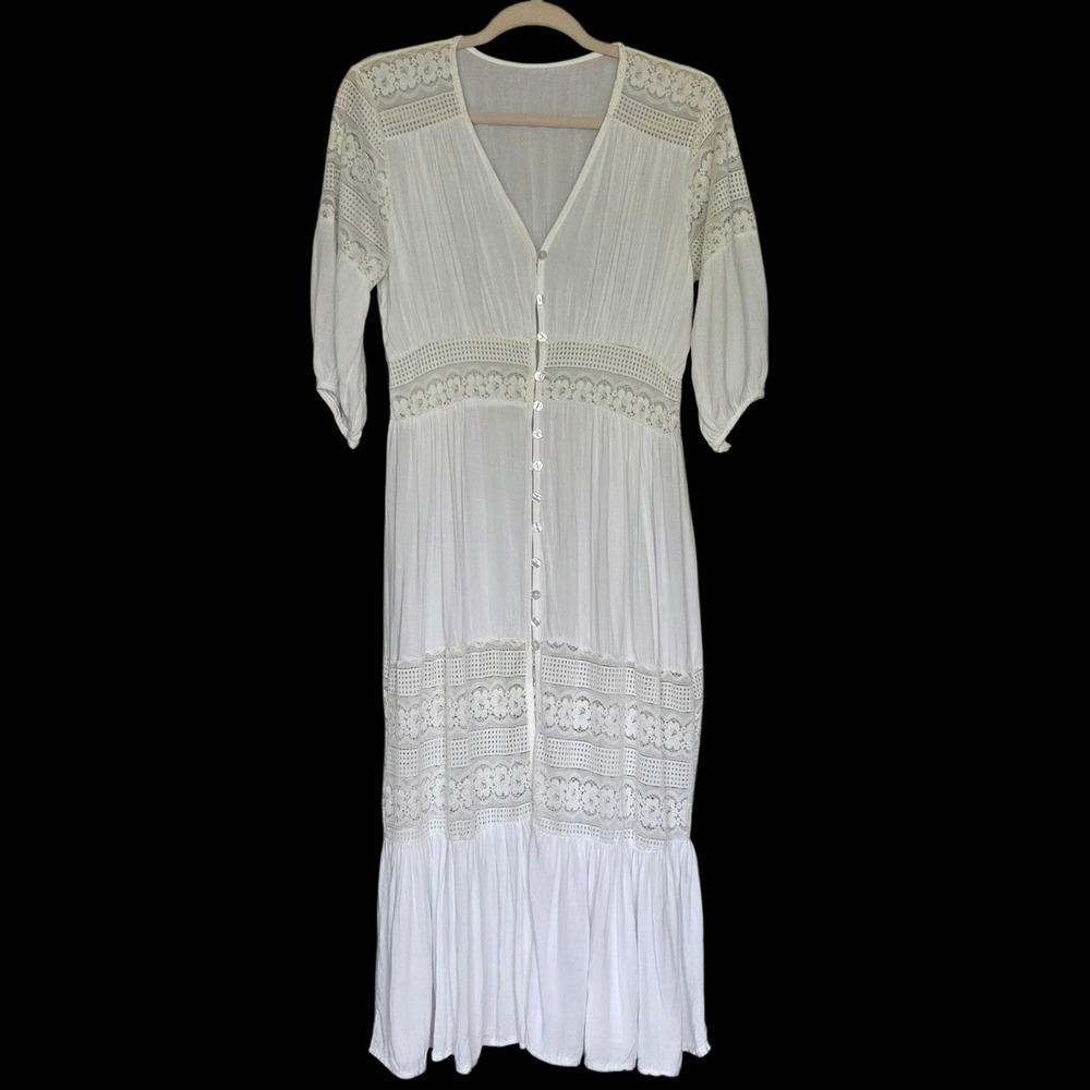 Womens 100% Cotton Lace Trim Midi Dress One Size Cottage Prairie Romantic Boho